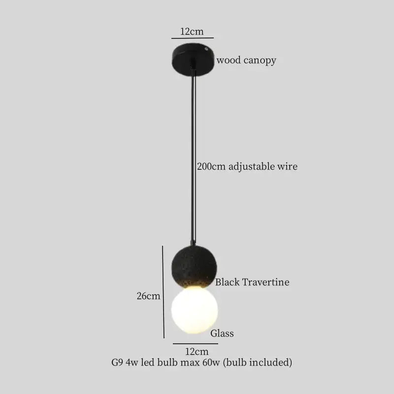Vintage black travertine led pendant light with glass globe and 200cm adjustable wire for living room decorbites black travertine