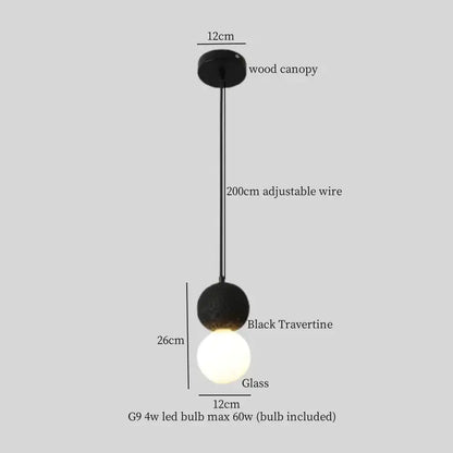 Vintage black travertine led pendant light with glass globe and 200cm adjustable wire for living room decorbites black travertine