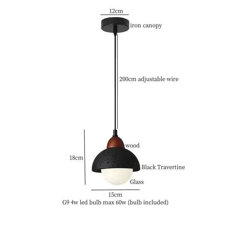 Vintage black travertine led pendant light with wooden accent and glass shade for living room decorbites black travertine