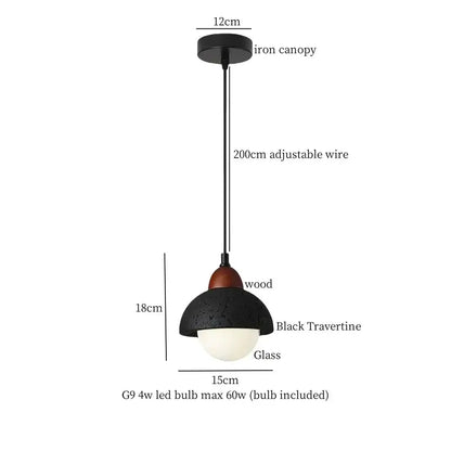 Vintage black travertine led pendant light with wooden accent and glass shade for living room decorbites black travertine