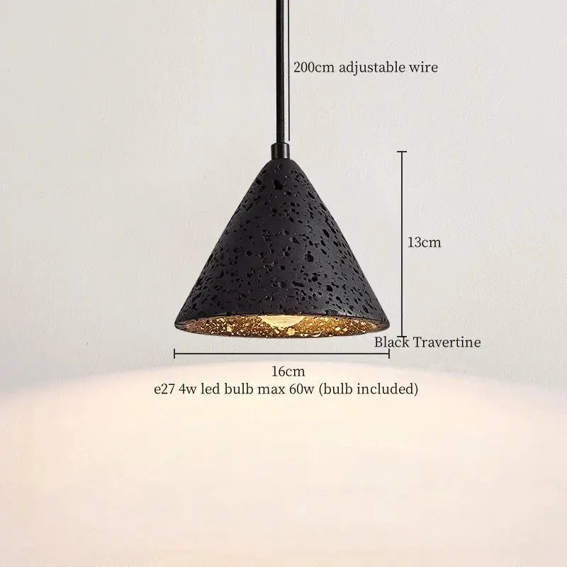 Vintage black travertine led pendant light with cone shape textured speckled surface and gold-lined interior for living room decorbites black travertine