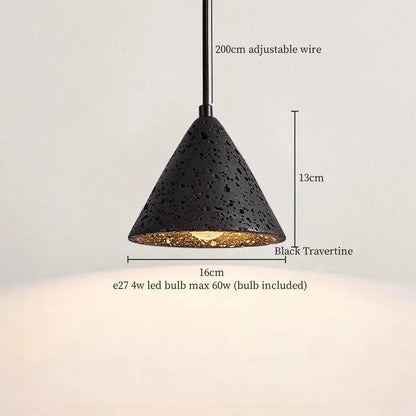 Vintage black travertine led pendant light with cone shape textured speckled surface and gold-lined interior for living room decorbites black travertine
