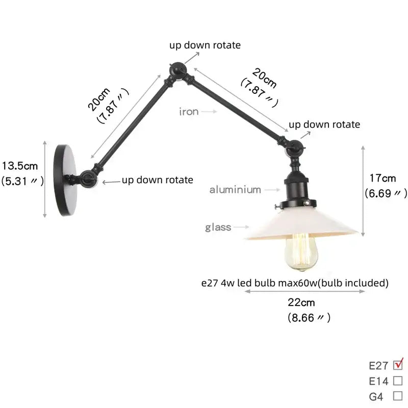 Black vintage wall lamp with adjustable iron and aluminum swing arm and frosted glass shade for bedroom lighting