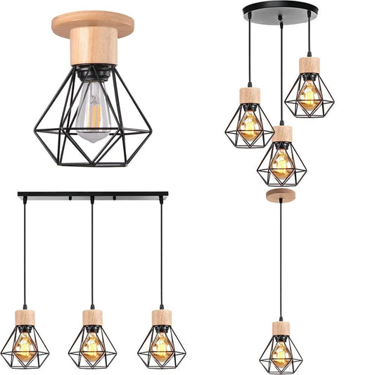 Vintage Black Wood and Iron Cage Pendant Light - Decorbites