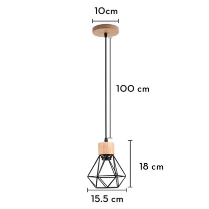 Vintage black pendant light with iron cage and natural wood ceiling mount for dining room lighting square meters coverage