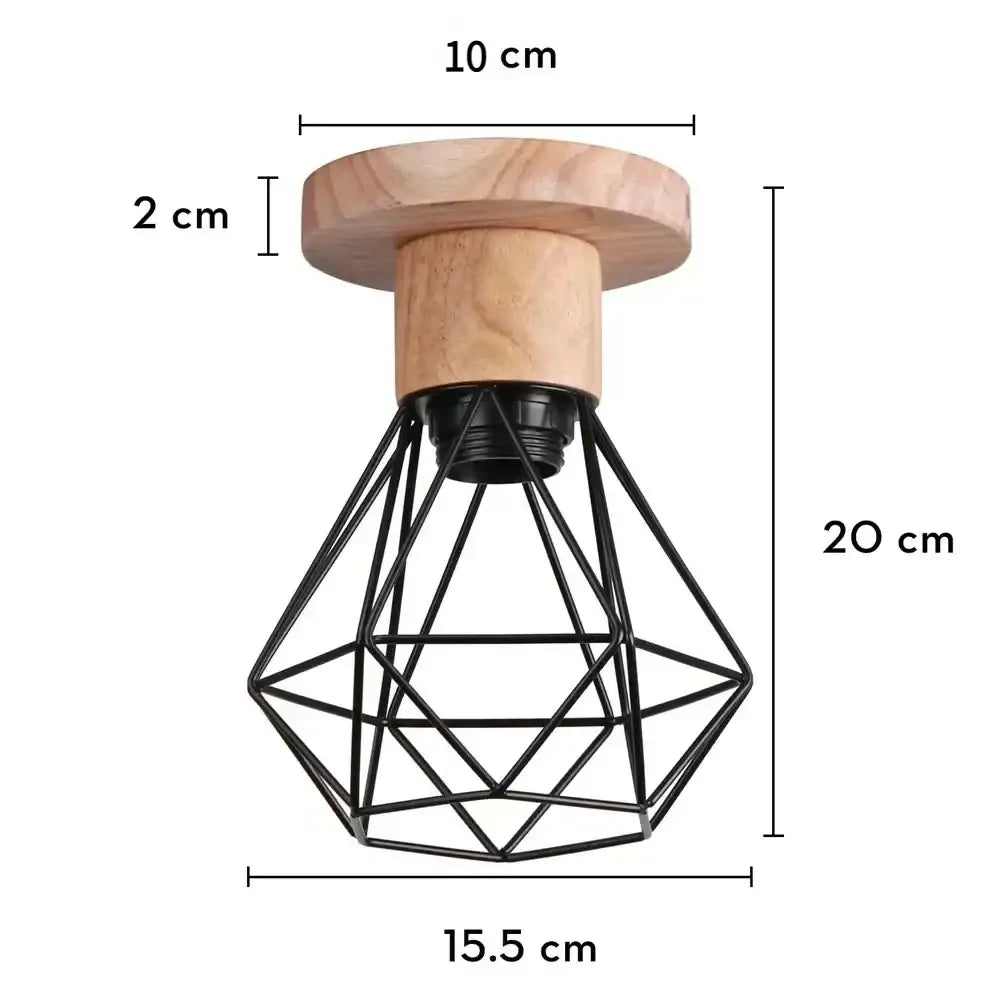 Vintage black wood and iron cage pendant light with geometric metal design and natural wood ceiling mount for dining room