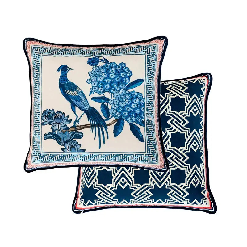 Square cushion case with blue and cream peacock toile design featuring ornate bird and geometric borders for living room use