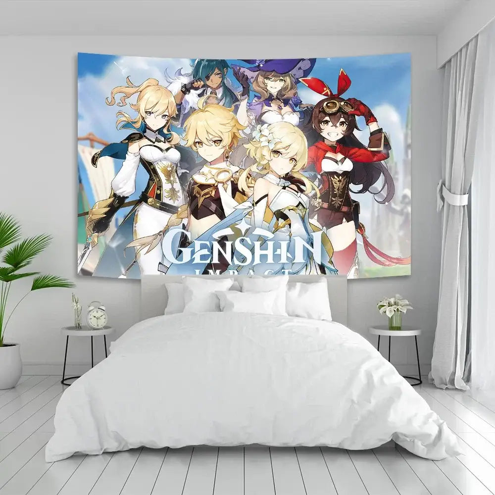 Vintage blue genshin impact anime tapestry featuring vibrant characters in dynamic poses for bedroom wall hanging decorbites genshin impact