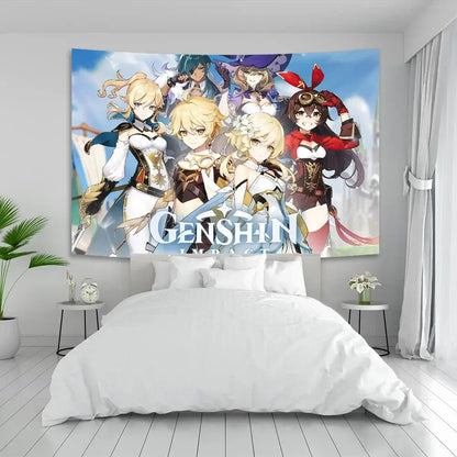 Vintage blue genshin impact anime tapestry featuring vibrant characters in dynamic poses for bedroom wall hanging decorbites genshin impact