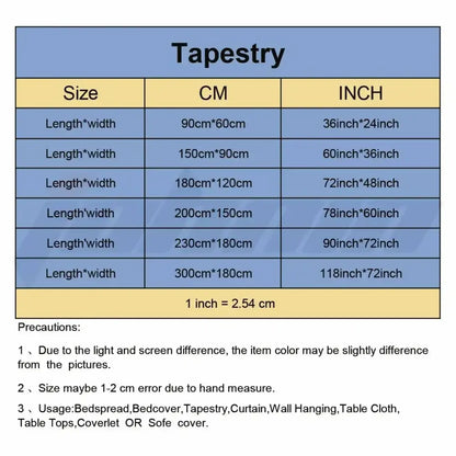 Blue tapestry size chart in centimeters and inches for vintage genshin impact anime wall hanging or bedspread decorbites genshin impact