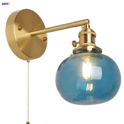Vintage blue glass wall lamp with brass hardware and pull chain switch ideal for decorbites blue glass bedroom decor