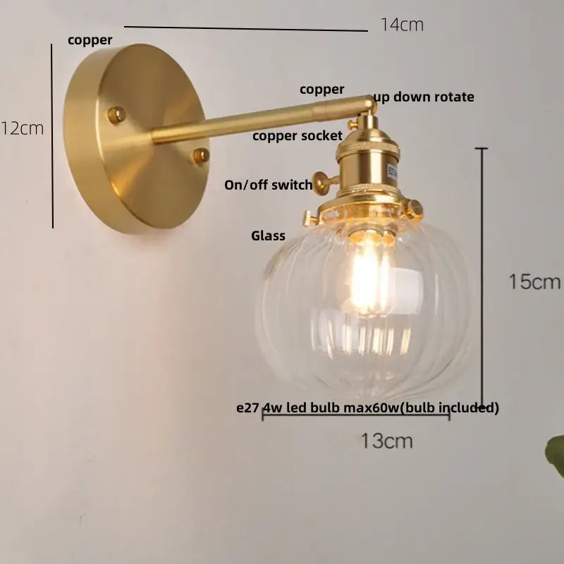 Gold-toned copper wall lamp with clear glass globe and e27 led bulb ideal for vintage blue glass decorbites wall lamp