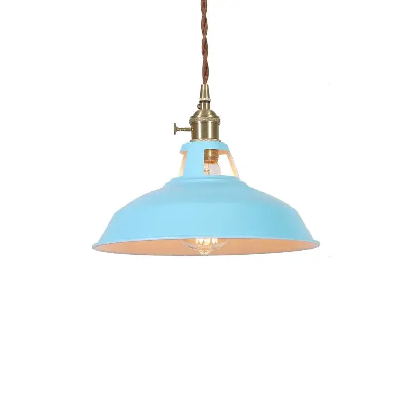 Vintage blue iron art pendant light with matte sky-blue metal shade and brass hardware by decorbites blue iron