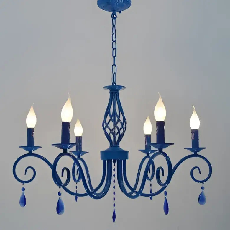 Vintage blue metal crystal chandelier with candle-style bulbs and crystal droplets for dining room decorbites blue metal