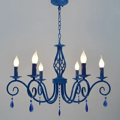 Vintage blue metal crystal chandelier with candle-style bulbs and crystal droplets for dining room decorbites blue metal