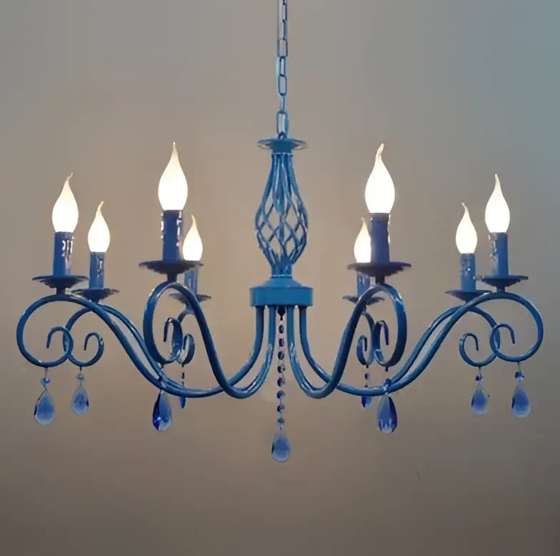 Vintage blue metal crystal chandelier with candle-style bulbs and crystal droplets for dining room decorbites blue metal