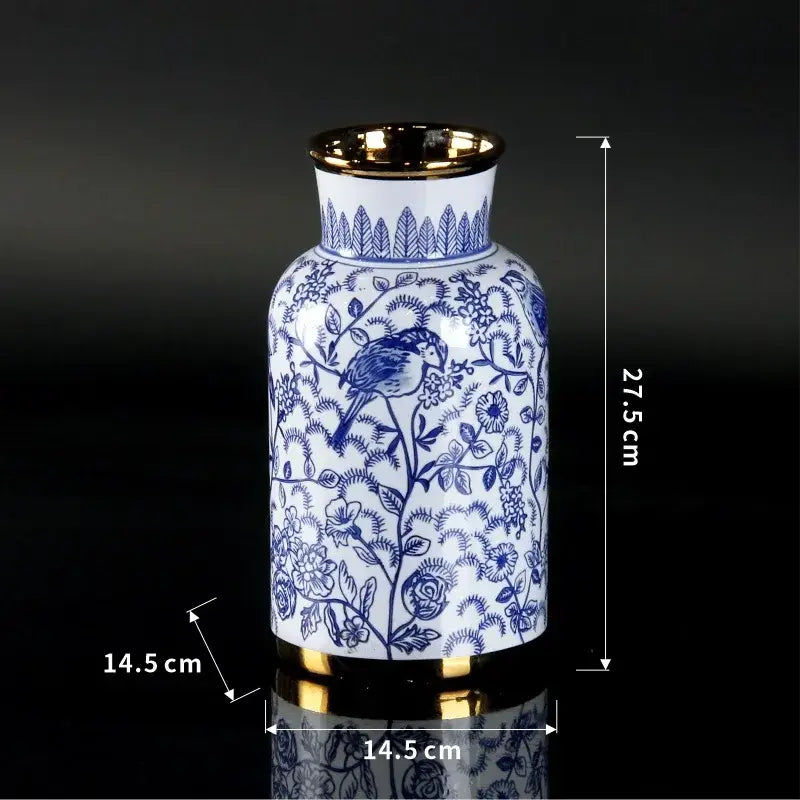Vintage blue and white porcelain ceramic vase with intricate floral and bird patterns for home decor use