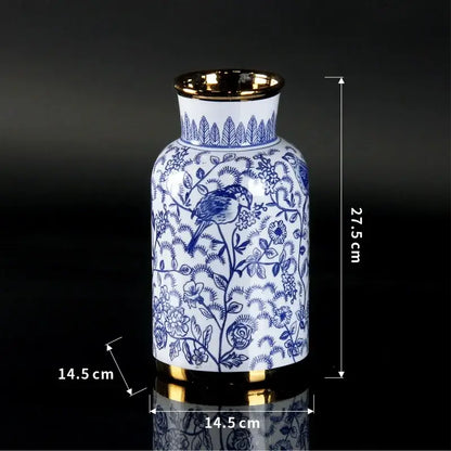 Vintage blue and white porcelain ceramic vase with intricate floral and bird patterns for home decor use