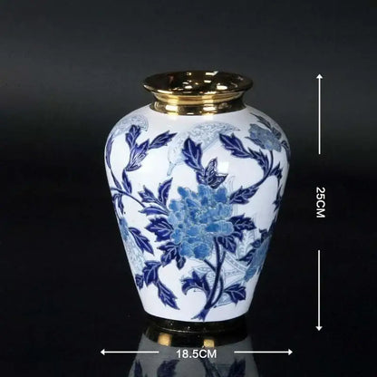 Vintage blue and white porcelain ceramic vase with intricate floral patterns and gold rim for home decor, 25 cm tall