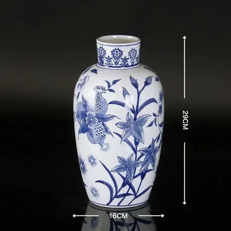 Vintage blue and white porcelain ceramic vase with intricate floral designs for elegant home decor display