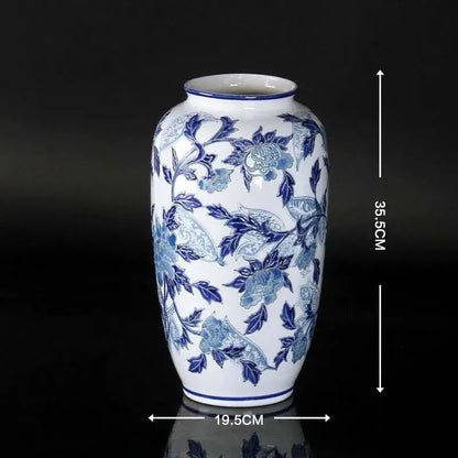 Vintage blue and white porcelain ceramic vase with intricate floral patterns ideal for home decor and living room display