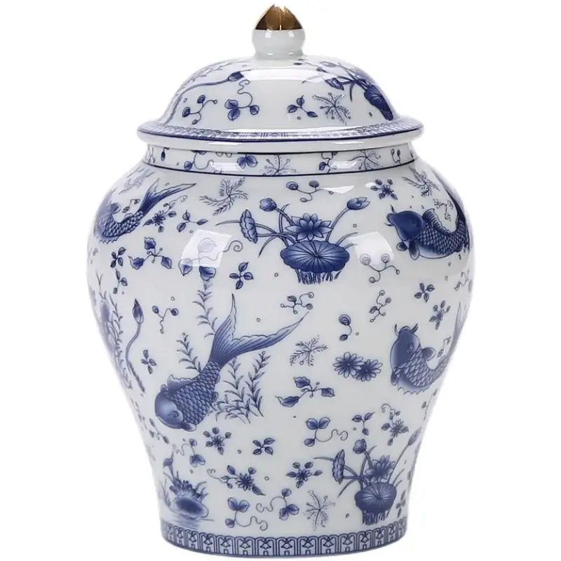 Vintage blue and white porcelain general jar with intricate fish lotus and floral designs for living room storage decorbites blue
