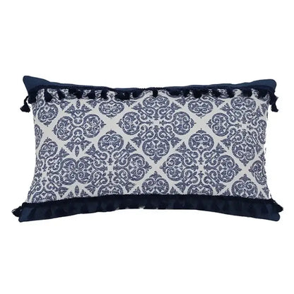 Navy blue and white damask patterned pillow cover with tassel trim for vintage blue tassel pillow decorbites decor