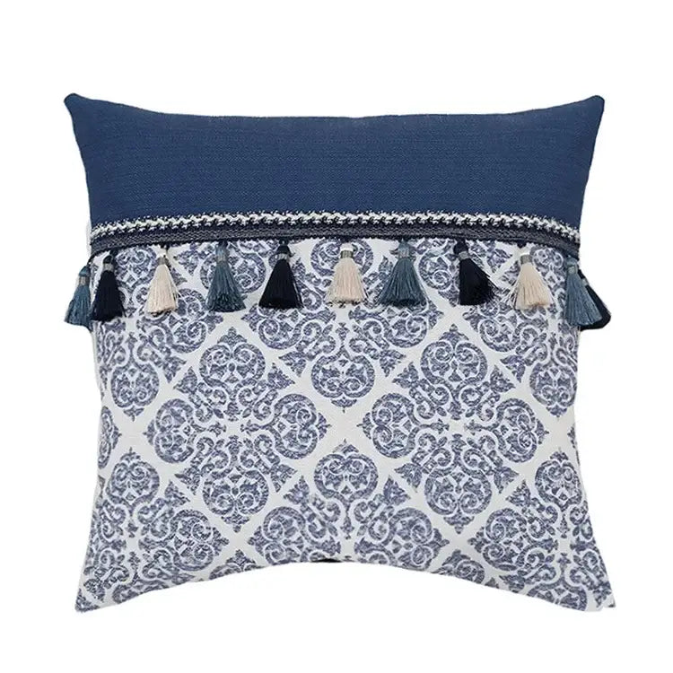 Vintage blue tassel pillow cover with intricate white patterns and tassels for living room decorbites decor