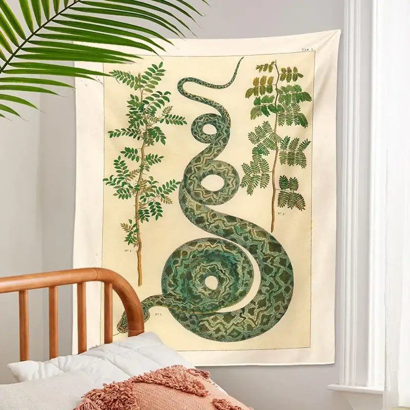 Vintage botanical celestial snake tapestry wall hanging featuring a coiled green snake and detailed plant decorbites celestial snake