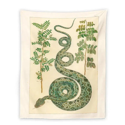 Vintage botanical celestial snake tapestry wall hanging featuring a coiled green snake and leafy plants on off-white decorbites background