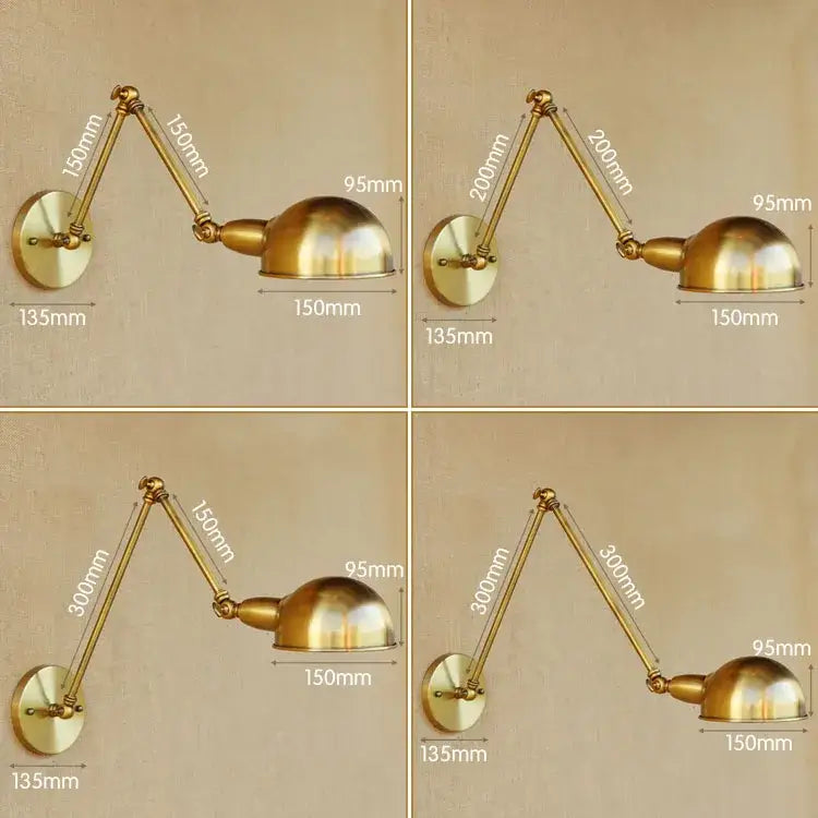 Vintage brass adjustable long arm wall light with dome-shaped lamp head and articulated arms for bedroom decorbites adjustable long use