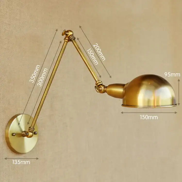 Vintage brass adjustable long arm wall light with dome-shaped shade and articulated arms for bedroom decorbites adjustable long use
