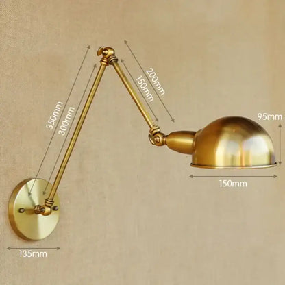 Vintage brass adjustable long arm wall light with dome-shaped shade and articulated arms for bedroom decorbites adjustable long use