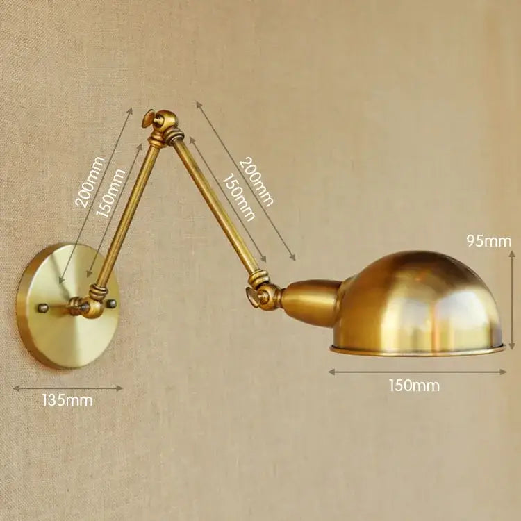 Vintage brass adjustable long arm wall light with brass finish dome-shaped lamp head for bedroom decorbites adjustable long arm