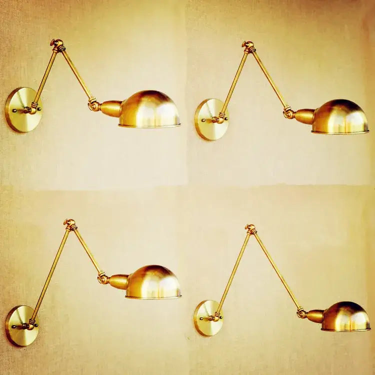Vintage brass adjustable long arm wall light with dome-shaped brass-finished lampshade for elegant bedroom decorbites wall light