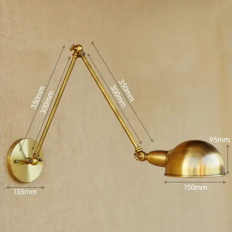 Vintage brass adjustable long arm wall light with dome-shaped shade for bedroom decorbites adjustable long arm sconce