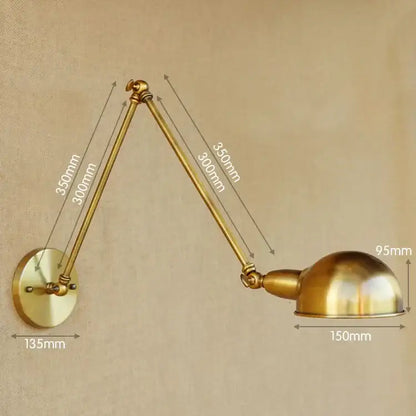 Vintage brass adjustable long arm wall light with dome-shaped shade for bedroom decorbites adjustable long arm sconce