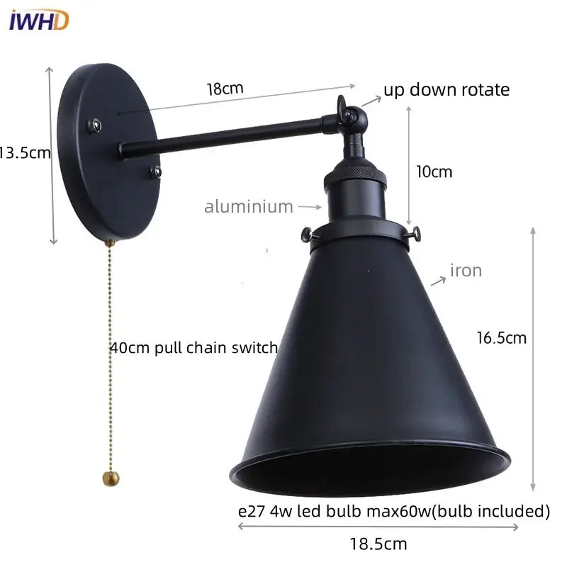 Black industrial-style iron led wall lamp with aluminum arm and iron shade from decorbites iron led collection