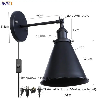 Black industrial-style wall lamp with matte finish, aluminum arm, and iron shade for decorbites iron led wall lighting