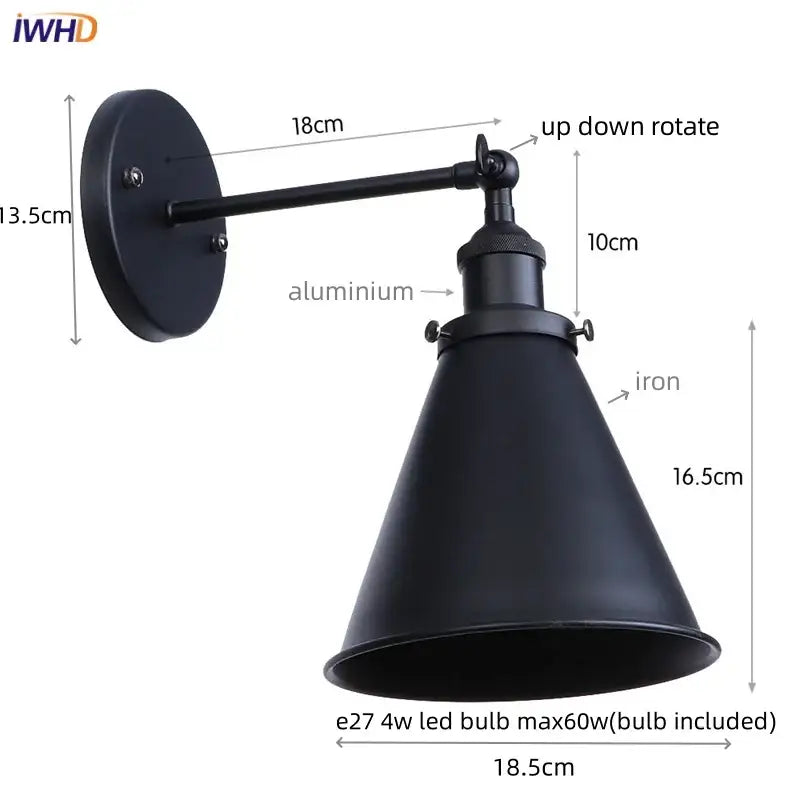 Black matte industrial-style wall lamp with conical iron shade and adjustable aluminum arm decorbites iron led wall fixture