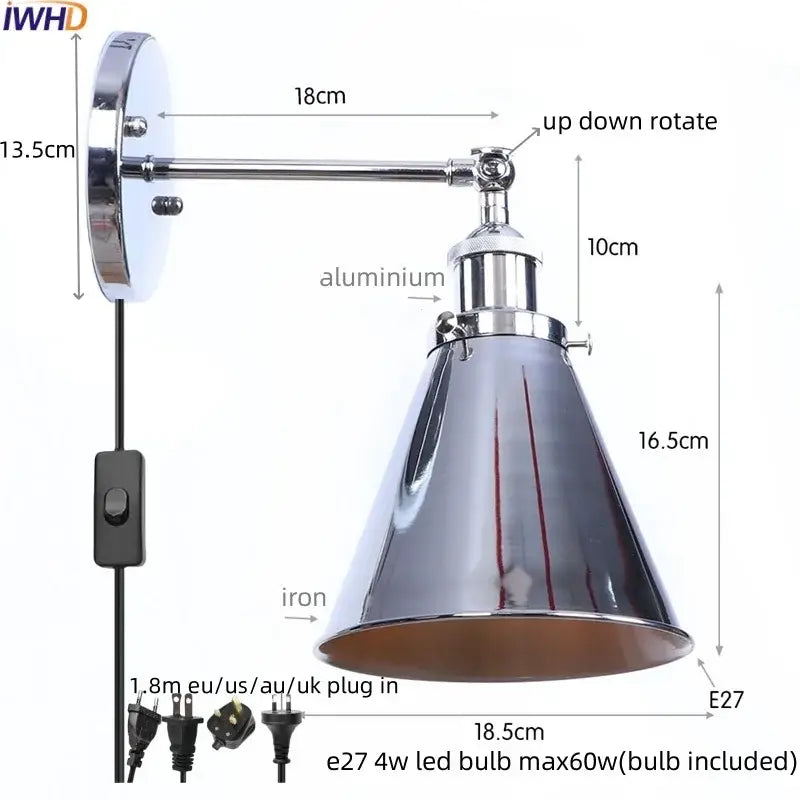 Chrome-finished adjustable wall lamp with conical shade and aluminum arm for decorbites iron led wall lighting