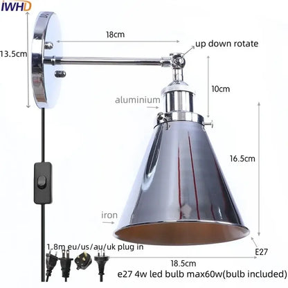 Chrome-finished adjustable wall lamp with conical shade and aluminum arm for decorbites iron led wall lighting