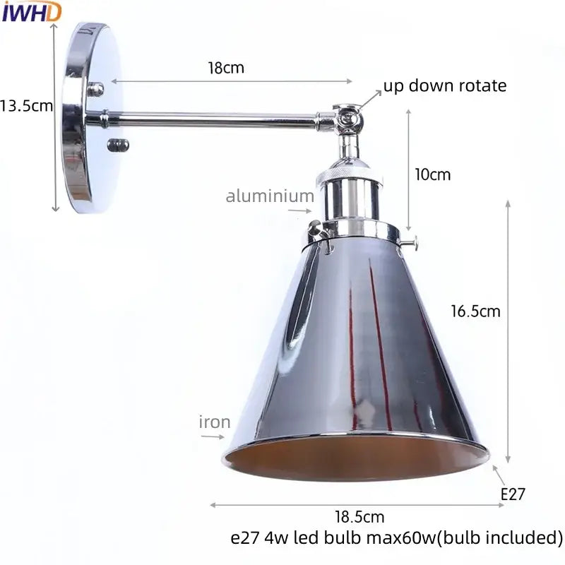 Chrome-finished vintage brass adjustable wall lamp with conical shade iron led wall decorbites iron led lighting