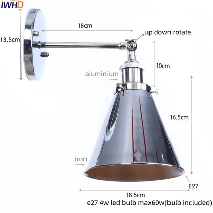 Chrome-finished vintage brass adjustable wall lamp with conical shade iron led wall decorbites iron led lighting