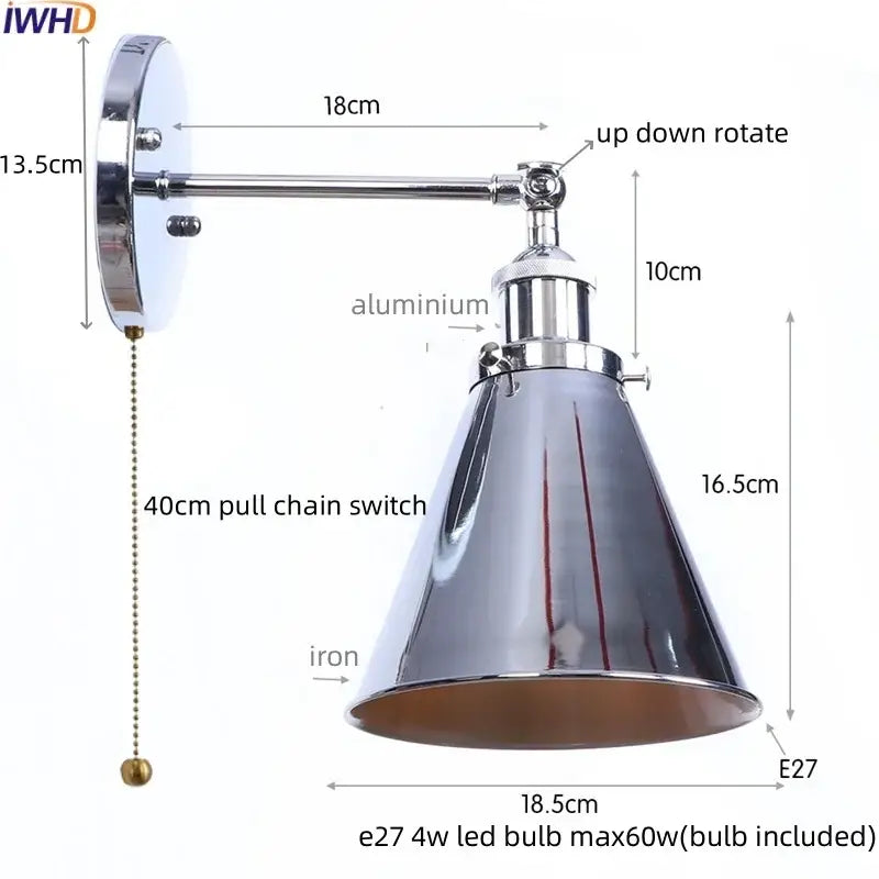 Vintage brass adjustable iron led wall lamp with chrome finish conical shade and industrial decorbites iron led style