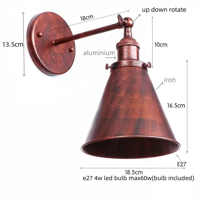 Vintage brass adjustable wall lamp with copper-finished conical iron led shade and aluminum arm for decorbites iron led wall lighting