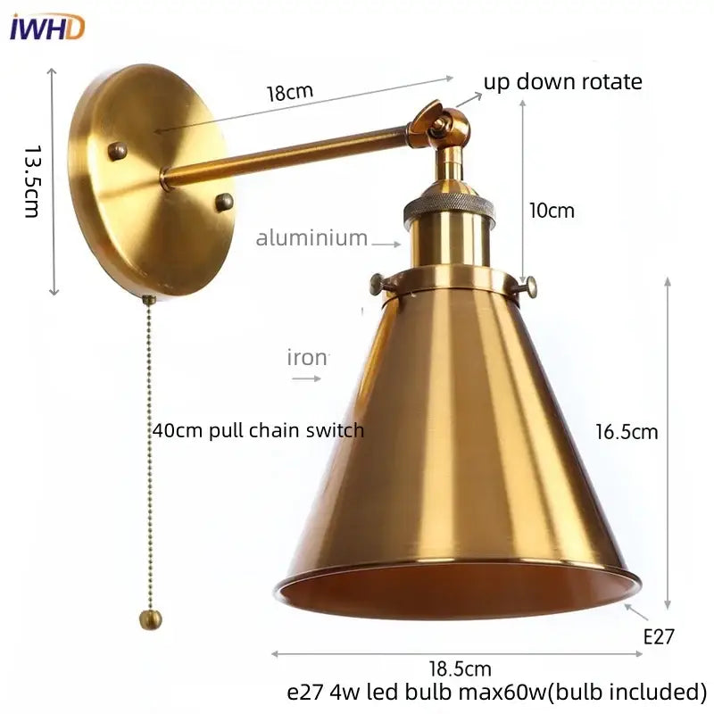 Vintage brass adjustable wall lamp with brass finish, aluminum arm, and iron base for decorbites iron led wall lighting