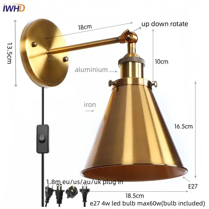 Vintage brass adjustable wall lamp with iron led and conical shade for bedroom decorbites iron led wall lighting