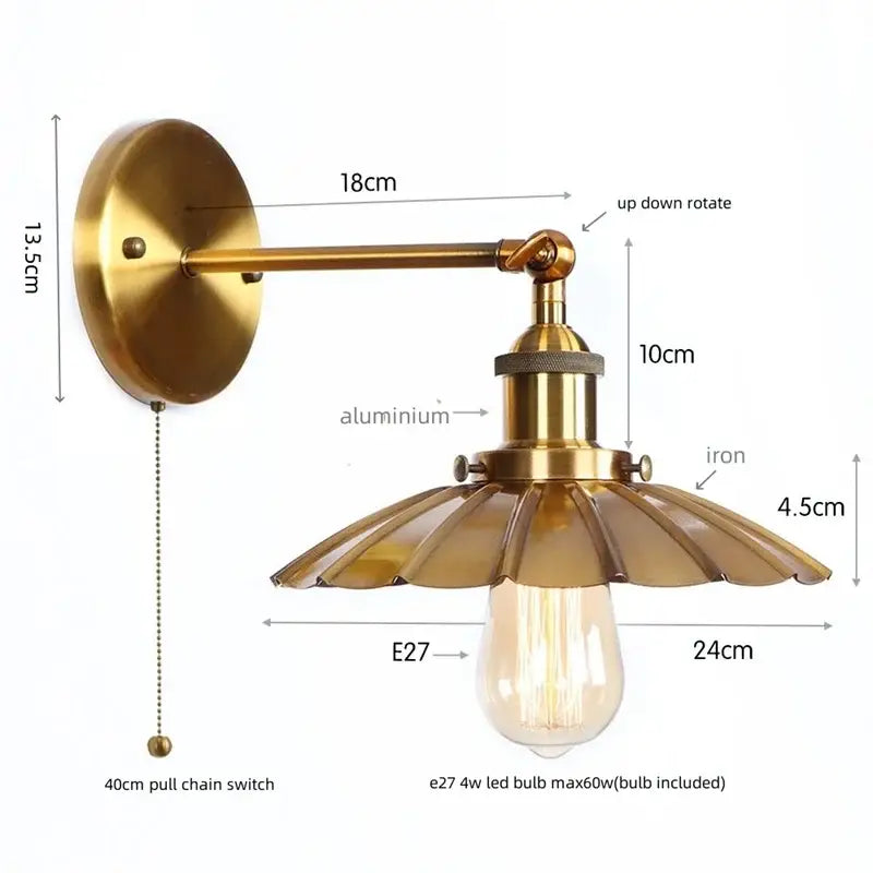 Vintage brass adjustable wall lamp with fluted petal-shaped shade and exposed Edison bulb for decorbites iron led wall use