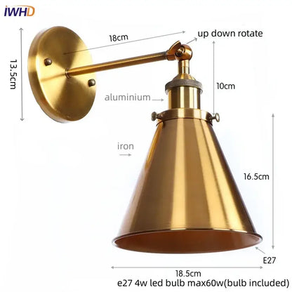 Vintage brass adjustable wall lamp with conical shade and iron led wall decorbites iron led for bedroom use